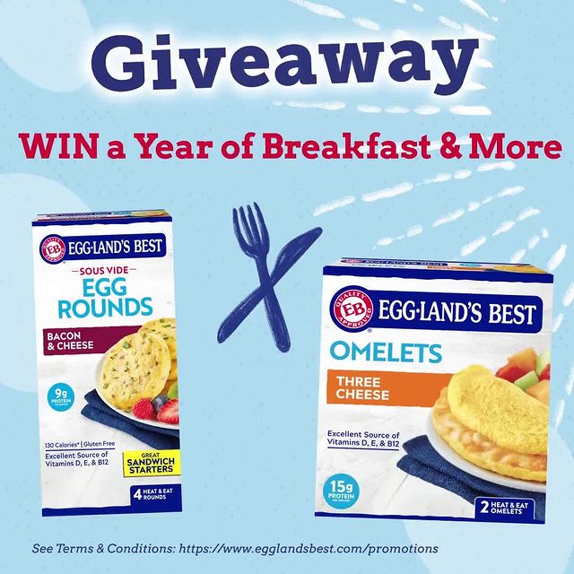 New! Eggland's Best has launched high protein, gluten-free Egg Rounds to bring convenience and versatility to your morning routine. ​Show us how you enjoy Eggland’s Best Frozen breakfast products & enter to win! ⁣
⁣
GRAND PRIZE: Create and post your breakfast shortcut using one of Eggland's Best Frozen Breakfasts, like Egg Rounds, to WIN ONE YEAR OF FREE BREAKFAST!* ​ ⁣
How to enter: Create and publicly post your breakfast shortcut using one of Eggland’s Best Frozen Breakfasts, and mention @EgglandsBest AND use #EBbetterBreakfast in your caption on Facebook or Instagram.​ ⁣
⁣
Don't have time to create a breakfast shortcut? ​ ⁣
⁣
10 LUCKY WINNERS: Win ONE WEEK OF FREE BREAKFAST for tagging two friends in the comments section of this post.​ ⁣
⁣
 ⁣
DISCLAIMER: Must be 18+ and reside within the US to participate. No purchase is necessary, see egglandsbest.com/promotions for terms & conditions. Not associated with Meta. Winner(s) will be randomly selected after August 31, 2024 and notified by September 30,2024 via DM from this official Eggland's Best account. Entries of all forms must be received on August 31, 2024. ⁣
✶⁣
✶⁣
✶⁣
#madewithEB #onlyfeedmeEB #thEBest #egglandsbest #frozeneggrounds #contest